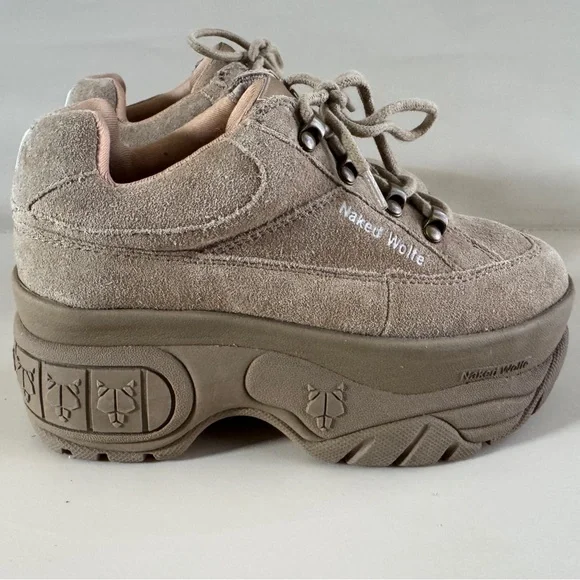Naked Wolfe Sporty Platform Sneakers Taupe Suede Y2K Chunky Minimalist 90s - Picture 3 of 13